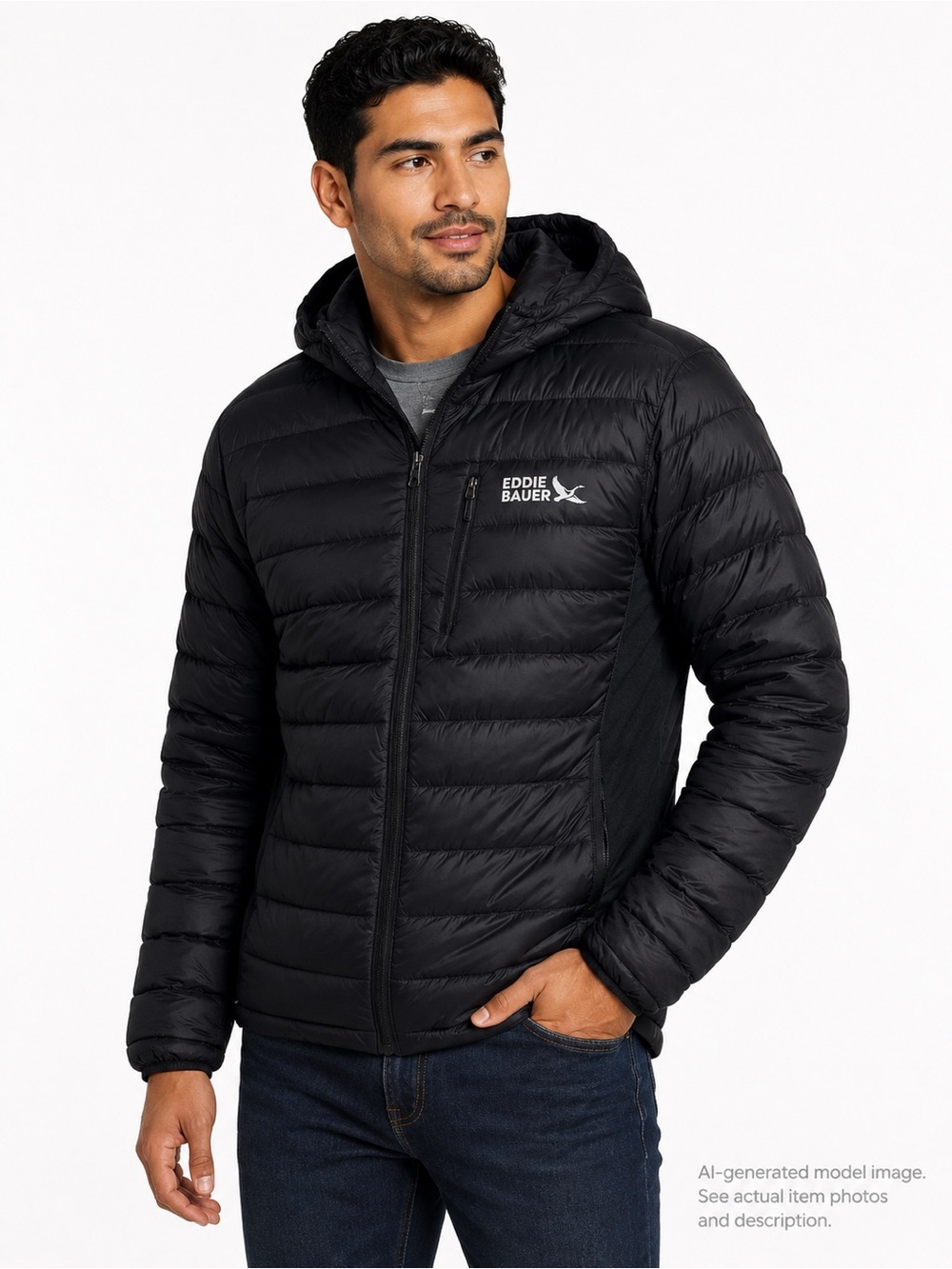 291. Eddie Bauer 550 Down Hooded Puffer Jacket Black Men’s XL